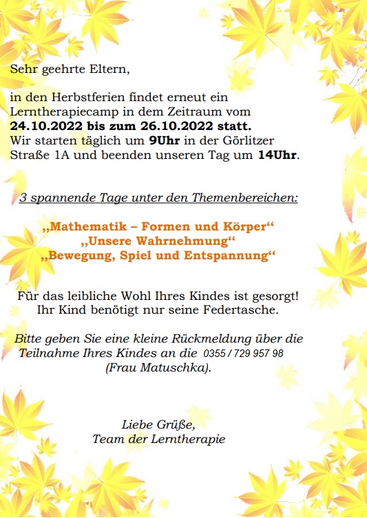 Lerntherapiecamp Herbstferien